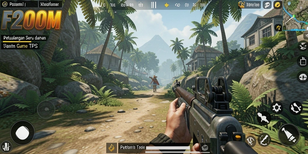 Screenshot gameplay F200M menampilkan aksi tembak-menembak mendebarkan dengan grafik tinggi.