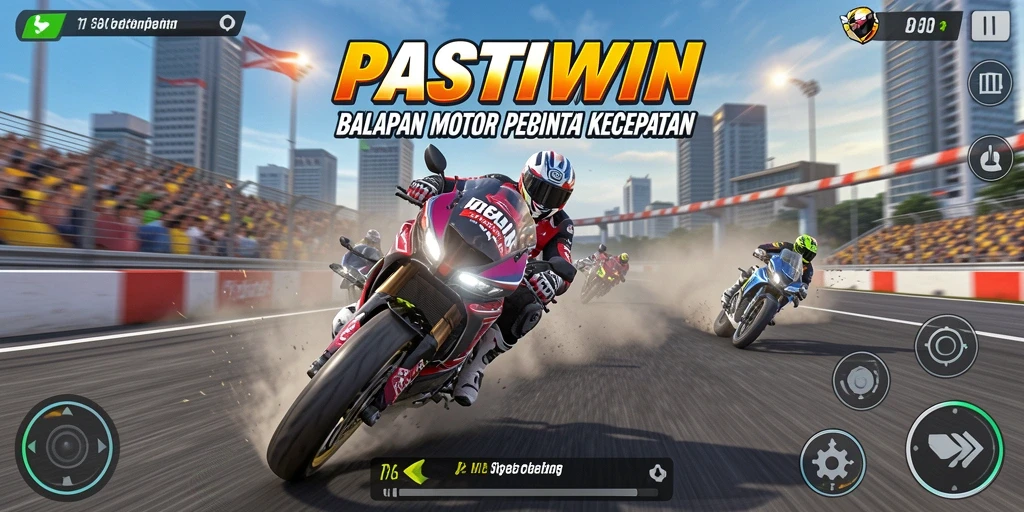 Tampilan gameplay PASTIWIN dengan balapan motor yang mendebarkan.