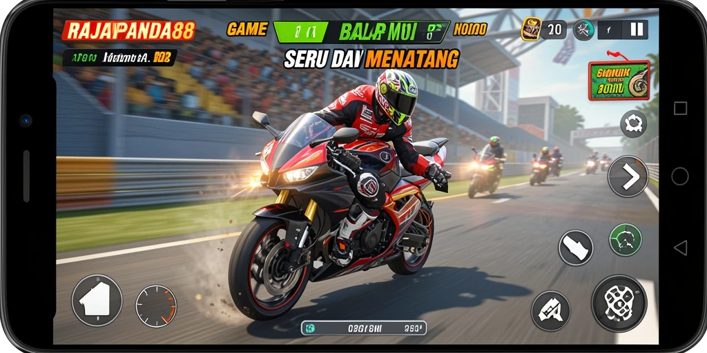 Screenshot gameplay RAJAPANDA88 dengan balapan seru motor di trek yang menantang.